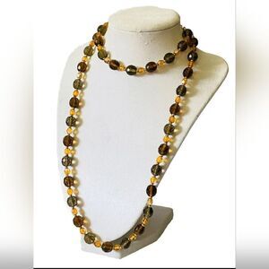 Vintage Joan Rivers Bead Necklace Gold Tone Orange Aurora Borealis Gray 35.5"